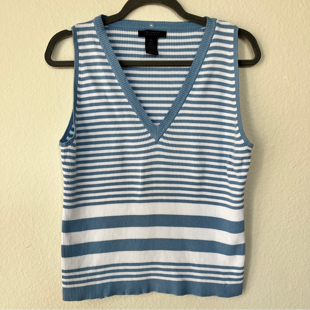 The Limited Blue & White Ribbed‎ Striped V-Neck Knit Tank Top XL